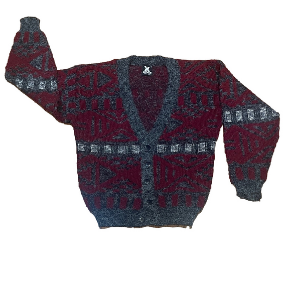 XStatX Other - Men's Burgundy & Gray Geometric Button-Front Cardigan Sweater